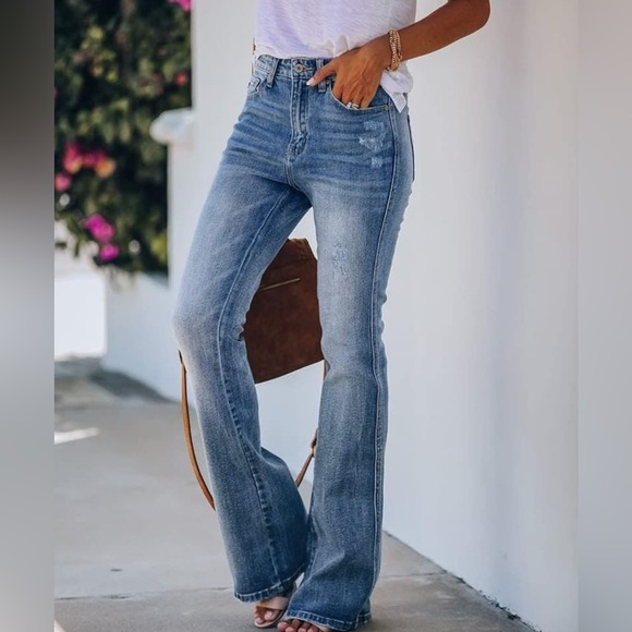 Koinshha Womens High Waisted Jeans Flare Stretch Boyfriend Bootcut Casual Jeanss - Picture 1 of 4